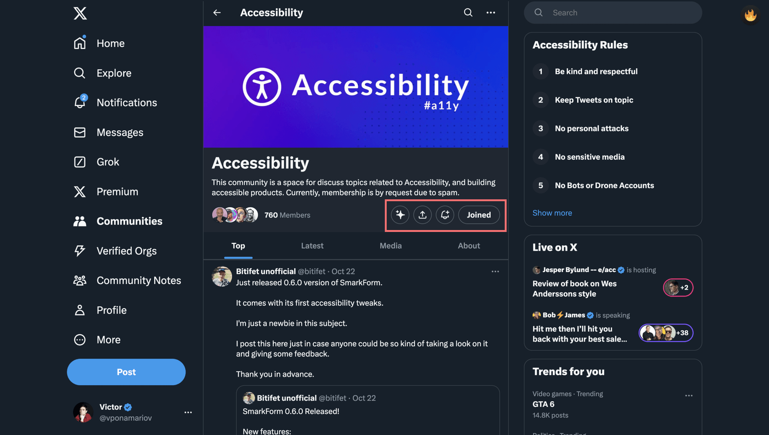 The top of the accessibility community page