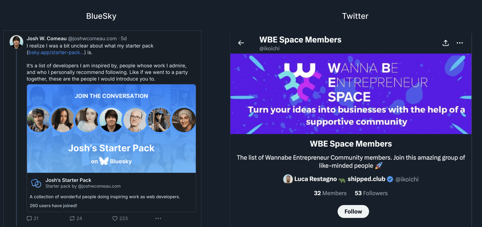 Comparison of BlueSky starter pack and Twitter list